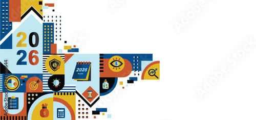 Financial and budget planning, investment growth strategy or money management for yearly goal to expense analysis to reach financial goal with icons. 2026 new year background banner template vector.