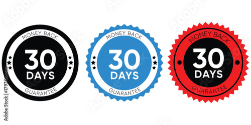 30 Days Money Back Guarantee Badges Set Vector Circular Seals for E-commerce, Customer Trust, Quality Assurance, and Product Refund Policy