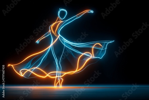 Ballerina figure rendering with dynamic blue and orange neon light trails creating abstract art