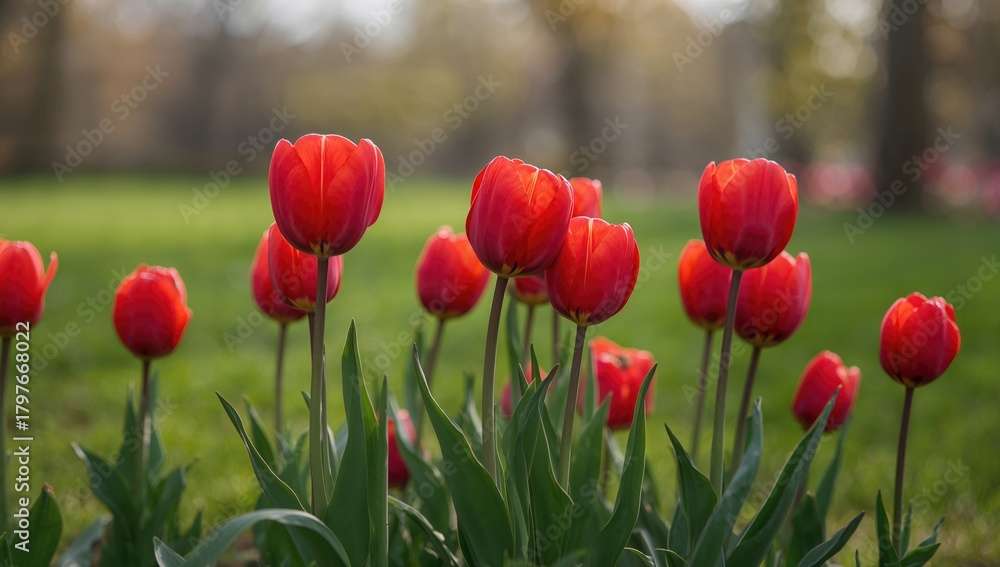 Obraz premium Red Tulips Blooming In A Park Setting, Ideal As A Nature-Themed Background