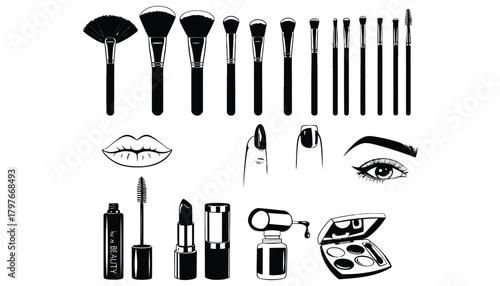 Black and white vector illustration of various makeup and beauty items