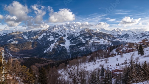 Mountain scenery featuring ski slopes and snow, showcasing seasonal change
