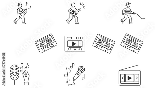 Line art illustration of musical instruments and people with music