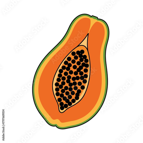 Vibrant Papaya Half with Seeds, Tropical Fruit Illustration.