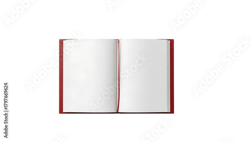 Open red book with blank white pages and red ribbon bookmark isolated on a transparent background