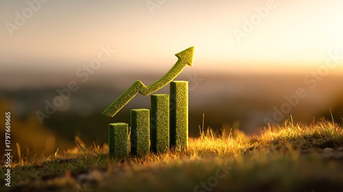 Green Grass Chart with Rising Arrow, Growth on Hillside at Sunset