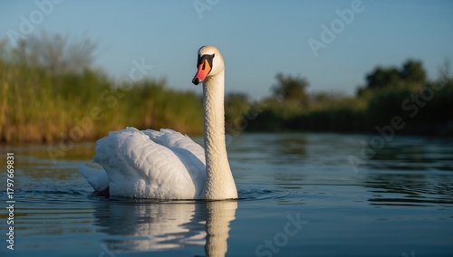 Fototapeta Naklejka Na Ścianę i Meble -  White swan gliding on the river surface, symbol of tranquility and wildlife preservation