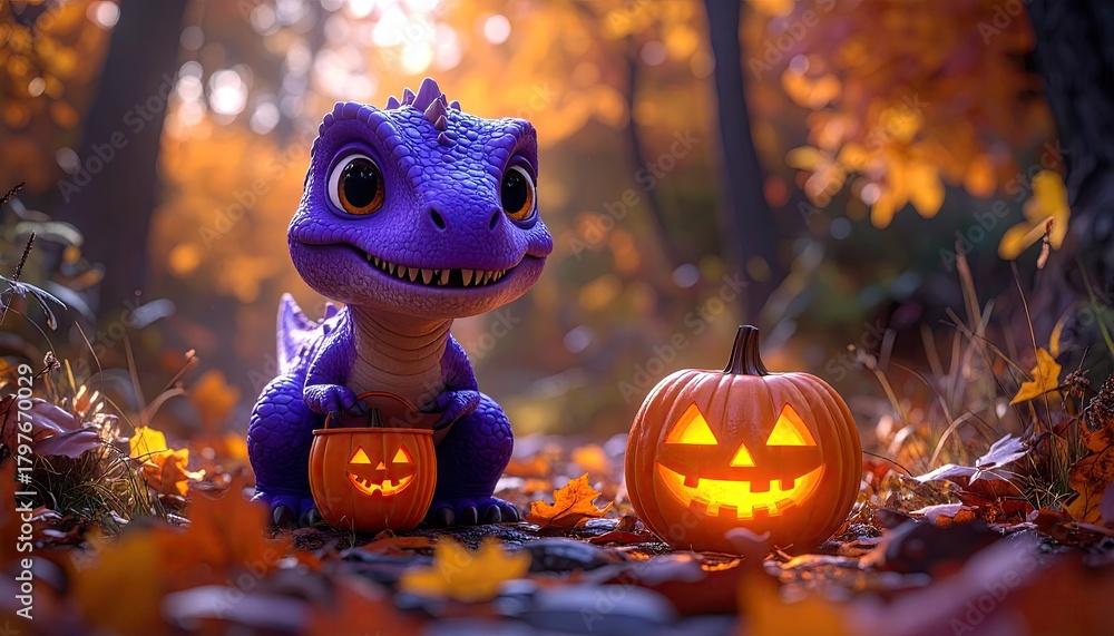 Obraz premium Cute Purple Dinosaur Holds Halloween Candy Bucket Next To A Glowing Jack O Lantern In An Autumn Forest With Orange Leaves On The Ground And Warm Sunlight Filtering Through The Trees