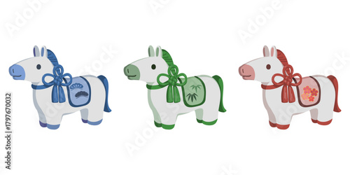 松竹梅をイメージした３頭の白馬のイラスト