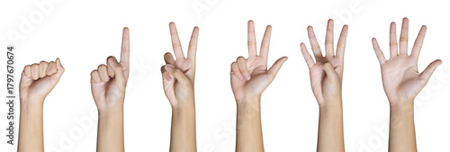 Quadro em tela Child hand counting zero to five fingers signs isolated on white background with Clipping path included