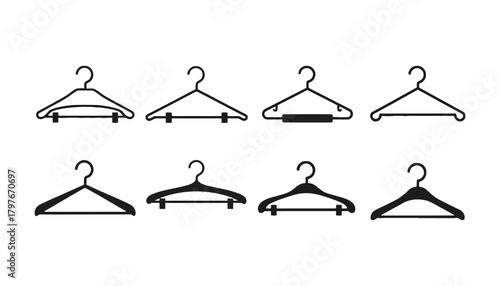 A collection of eight clothes hanger icons in black and white style