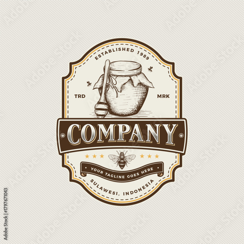 Vintage Honey Jar and Bee Label Logo