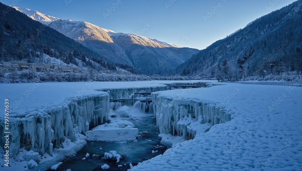 Obraz premium Unryu Valley winter landscape with mountains and ice, showcasing seasonal change