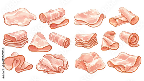 An illustrated collection of sliced ham, featuring various arrangements like stacks, folds, and rolls on a transparent background.