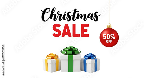 Festive christmas sale with gift boxes and 50 percent off ornament against black background