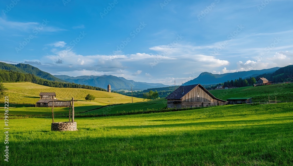 Obraz premium Rural landscape featuring wooden structures and a well amidst a vibrant green field, preservation