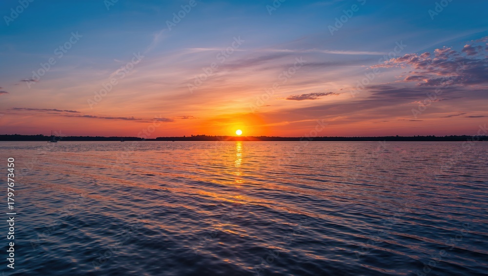 Naklejka premium Sunset over the Voronezh reservoir reflecting on the water, summer evening tranquility