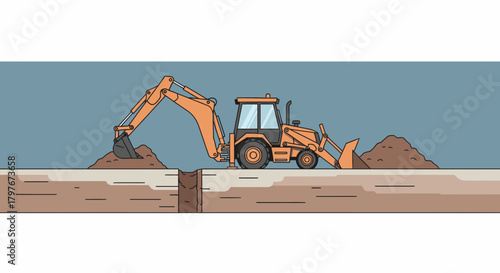 Backhoe Excavating Ground Flat Vector Illustration Construction Work