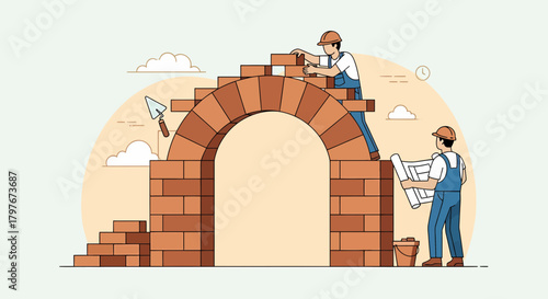 Builders Constructing Brick Arch With Blueprint On Construction Site
