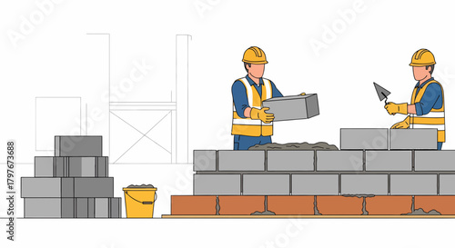 Building Construction Site With Bricklayers, Building A Brick Wall