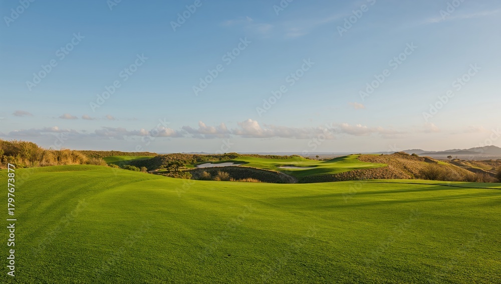 Naklejka premium Lush greenery of a desert golf course near the coastline, emphasizing seasonal change