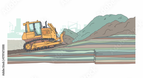 Bulldozer Working At The Construction Site Landscape Illustration