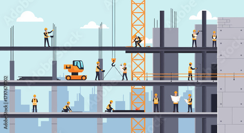 Construction Site Flat Illustration Workers Building New Structure