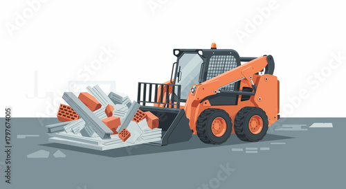 Construction Site Skid Steer Loader Illustration with Demolition Waste