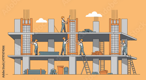Construction Site Workers Building A New Building Cartoon Illustration