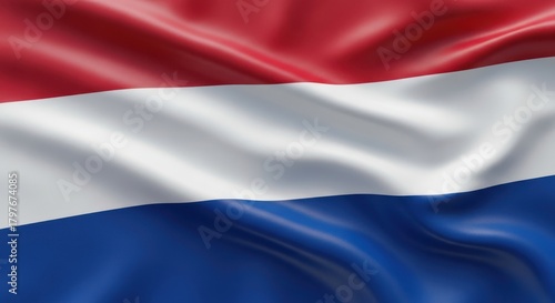 The national flag of the netherlands, a horizontal tricolor of red, white, and blue, waving proudly