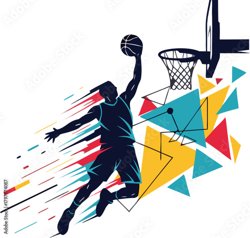 Dynamic basketball player soaring for a slam dunk with vibrant abstract shapes