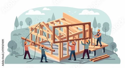 Construction Team Erecting Wooden House Frame Outdoors