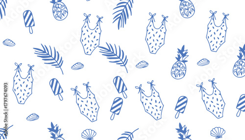 Pattern with drawn swimwear pineapples shells and ice cream on white