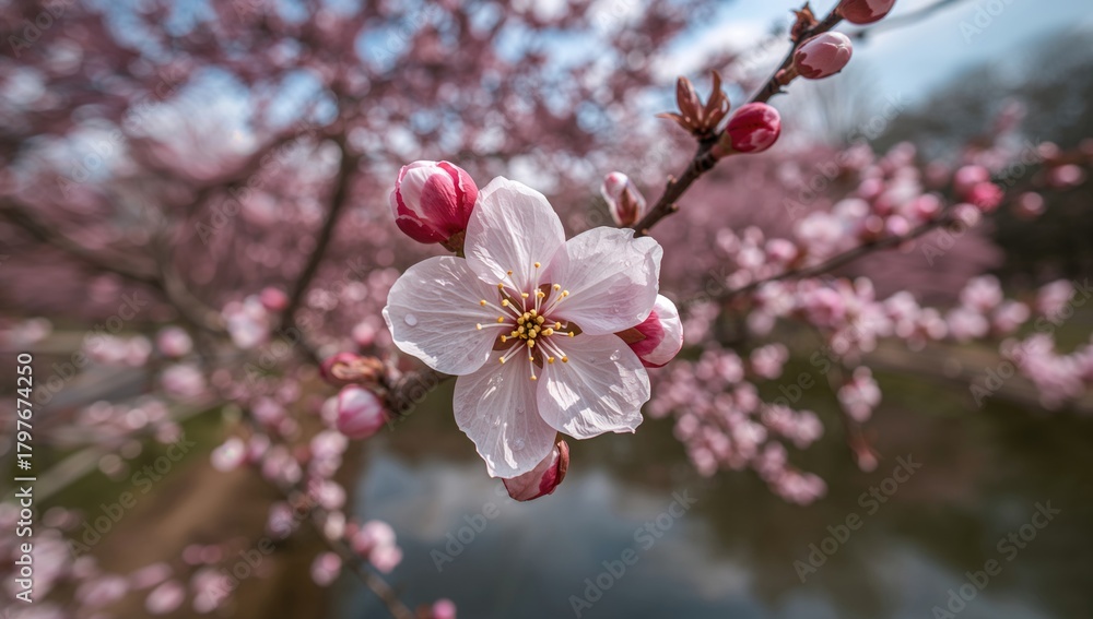 Fototapeta premium Spring brings vibrant pink cherry blossoms blooming in gardens, seasonal change