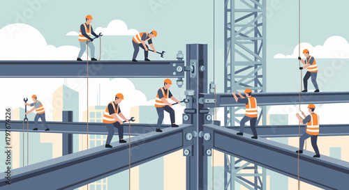 Construction Workers Assembling Steel Framework For Urban Building Project