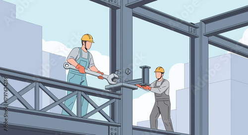 Construction Workers Assembling Steel Structure At Height Illustration