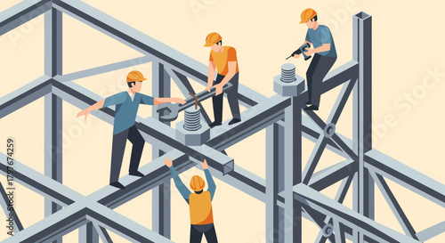 Construction Workers Assembling Steel Structure With Tools And Equipment