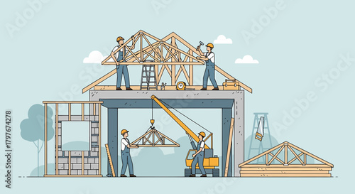 Construction Workers Building A House With Crane Illustration