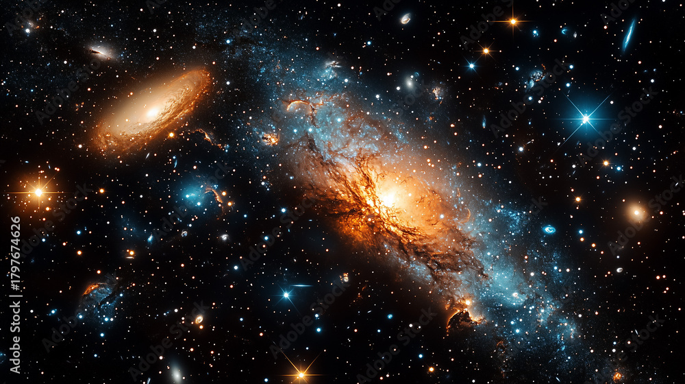 Fototapeta premium Exploring vibrant galaxies in a cosmic expanse filled with starlight and celestial wonders ai, galaxy, space, starlight, cosmos, celestial, universe, astronomical, cosmic, light, nebula, stars, explor