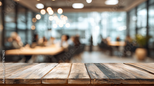 Wallpaper Mural Wooden table with blurred modern office meeting background, creating professional and dynamic atmosphere Torontodigital.ca