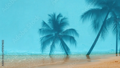 Fototapeta Naklejka Na Ścianę i Meble -  Shadow of palm tree against blue wall, creating a tropical ambiance