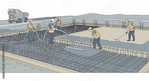 Construction Workers Pouring Concrete For Building Foundation Illustration