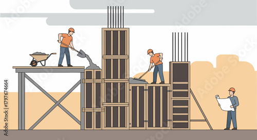 Construction Workers Pouring Concrete Into Forms For Reinforced Concrete Columns
