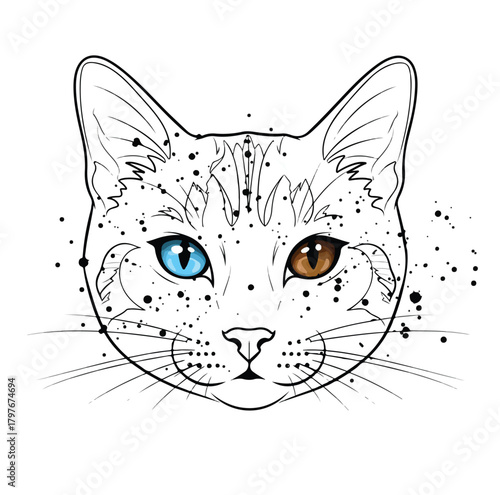 Sketch of cat s face with two colors eyes. Black and white line drawing of a cat s face against a white background, featuring heterochromia with one blue eye and one brown eye. 