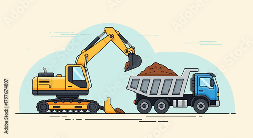 Excavator Loads Soil Into Dump Truck at Construction Site