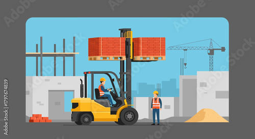 Forklift Moving Bricks At Construction Site With Workers