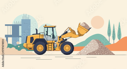 Illustration Of A Yellow Loader Excavator Working At A Construction Site