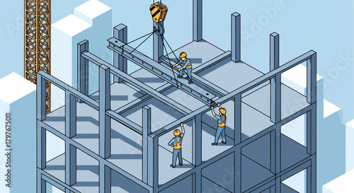 Isometric Illustration Of Construction Workers And Steel Frame Building