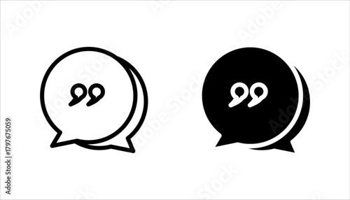  chat-quote-message-icon set, Black outline icon of two overlapping speech bubbles with quotation marks inside, representing messaging