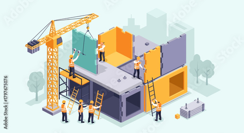 Modular House Building With Crane And Construction Workers Isometric